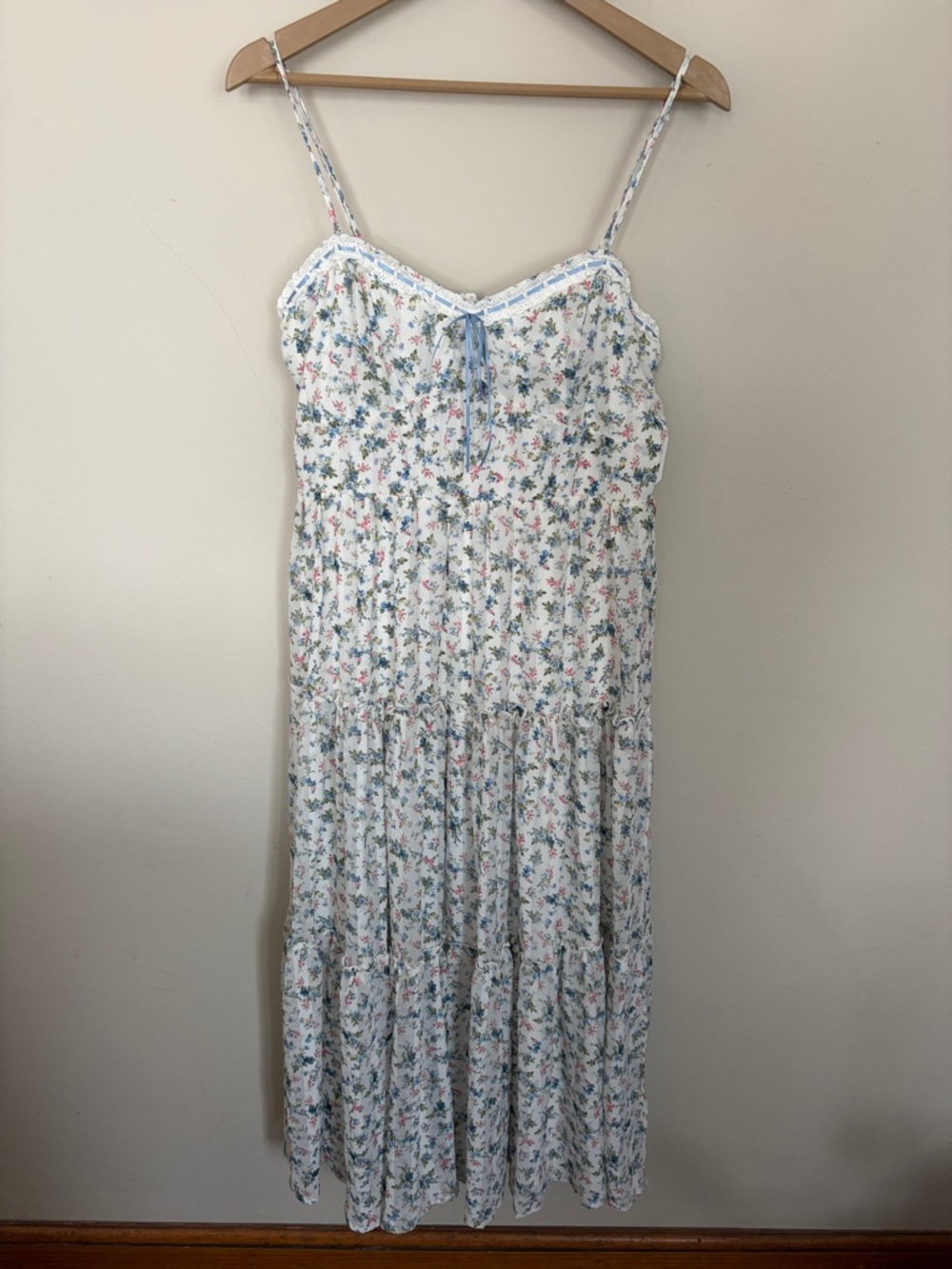 Coquette White Floral Slip Dress with Blue and Pink Accents